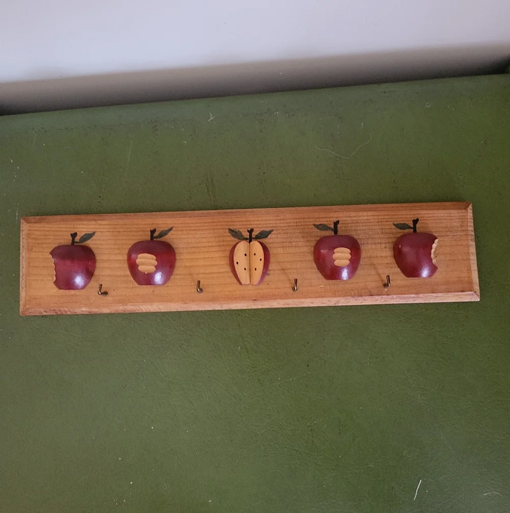 Red Apple Wooden Wall Hook Rack - Rustic Home Wall Decor
